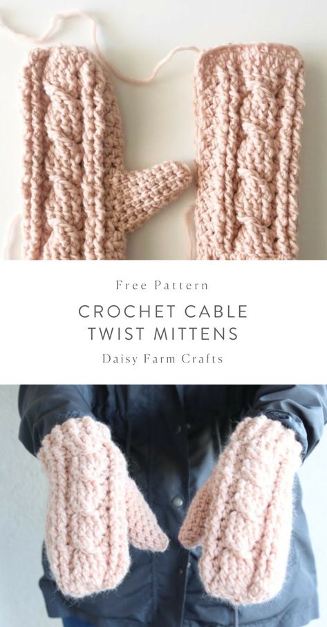 Free Pattern - Crochet Cable Twist Mittens Crochet Mitts, Crochet Mittens Free Pattern, Crochet Mittens Pattern, Crochet Cardigans, Knitted Mittens, Crochet Cable, Crochet Gratis, Crochet Fingerless Gloves, Crochet Mittens