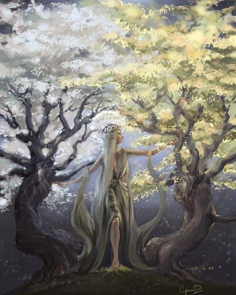 Yavanna with the Two Trees, Laurelin and Telperion Middle Earth Books, The Silmarillion, John Howe, Tolkien Art, Lotr Art, Two Trees, Character Sketches, Jrr Tolkien, Middle Earth