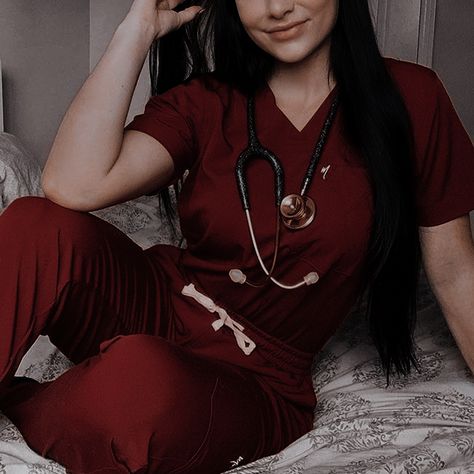 Red Nurse Aesthetic, Red Scrubs Aesthetic, Nursing Widget, Nurse Aesthetic Female, Red Scrubs Outfit, Maroon Scrubs, Styling Scrubs, Littman Stethoscope, Crk Oc