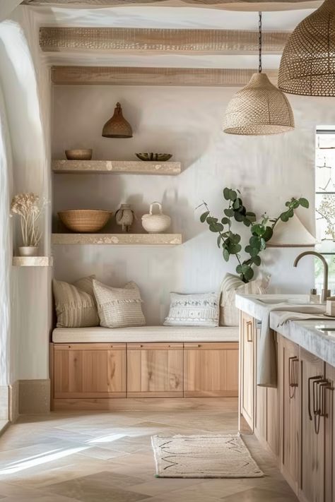 Mediterranean Room Decor, Spanish Townhouse, Mediterranean Minimalist Interior, Minimal Mediterranean, Sun Kitchen, Modern Mediterranean Kitchen, Mediterranean Style Kitchen, Mediterranean Room, Mediterranean Inspired Home