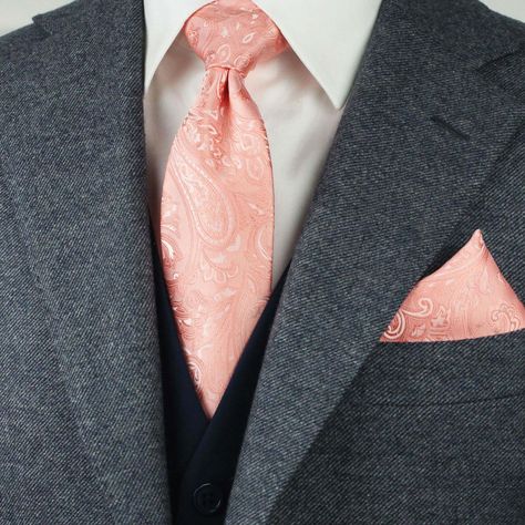 "This peach pink, a color with we call \"Bellini\", is a perfect Spring and Summer accessory color. Add to your favorite linen and cotton suits in tan, indigo, and stone. Also great for classic suits in charcoal, dark navy, and black. A great tie set for wedding parties and proms. A rich monochromatic paisley pattern adds style and personality to one of our most formal menswear collections. Choose from neckties, bow ties, pocket squares or tie sets. Please make sure to select the right combinati Paisley Suit, Coral Wedding Colors, Formal Menswear, Classic Suits, Peach Tie, Charcoal Suit, Peach Sorbet, Peach Bellini, Suits Men