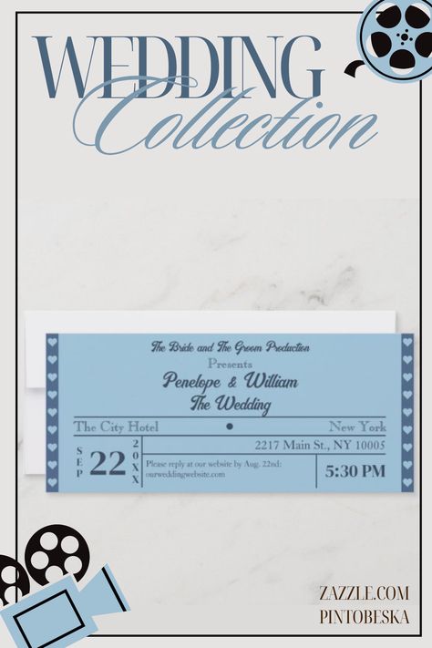 These Retro Cinema Ticket Wedding Invitations are designed in a pastel color palette, exuding old-school elegance and bringing cinematic flair to your special day. The ticket-inspired format adds a delightful twist, making them a memorable keepsake for your guests. Classic typography and simple design evoke a sense of timeless style, setting the perfect tone for your celebration. Lights, camera, happily ever after! Movie Wedding, Retro Cinema, Ticket Wedding Invitations, Classic Typography, Blue Wedding Invitation, Pastel Color Palette, Cinema Ticket, Wedding Movies, Simple Retro