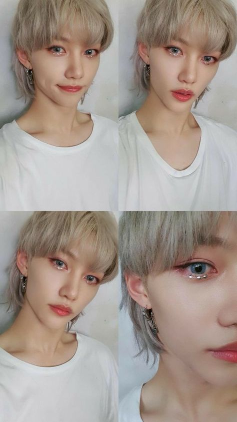 Lee Felix Makeup, Felix With Makeup, Felix Eyes Close Up, Straykids Makeup, Felix No Makeup, Stray Kids Makeup, Kpop Makeup Looks, Felix Makeup, Kpop Idol Makeup