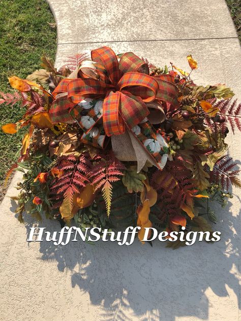 Handcrafted cemetery headstone saddle designed of individually attached Fall decor with coordinating handtied wired ribbon bow $79.99 Fall Headstone Saddles, Fall Cemetery, Grave Flowers, Cemetery Headstones, Cemetery Flowers, Wired Ribbon, Ribbon Bow, Ribbon Bows, Cemetery