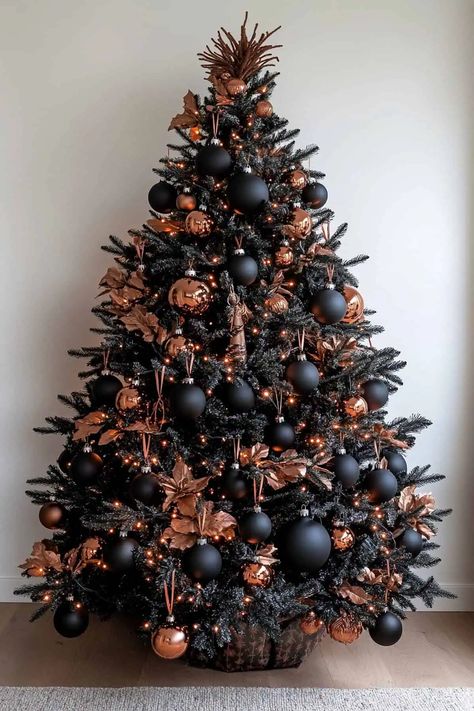 60 Beautiful Brown Christmas Tree Decorations for a Warm, Elegant Holiday Black Copper Christmas Tree, Men Christmas Tree Ideas, Black Brown And Gold Christmas Tree, Black And Orange Christmas Tree, Brown And Black Christmas Tree, Black And Brown Christmas Tree, Masculine Christmas Tree, 2025 Brown, Brown Christmas Tree Decorations