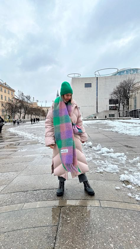 Pink puffer coat with colourful acne studios scarf and green hat, grey hiking boots, &other stories Wooly Hat Outfit Winter, Pink Puffer Coat Outfit, Green Puffer Outfit, Colourful Scarf Outfit, Acne Scarf Outfit, Acne Studios Scarf Outfit, Acne Studio Scarf, Green Scarf Outfit, Black Puffer Outfit