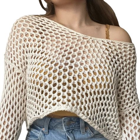 CUTE cream Netted crop top How To Style A Net Top, Net Crochet Top, Crochet Net Top, Net Crop Top, Net Sweater, Net Crochet, Theatre Art, Net Shirt, Thailand Trip