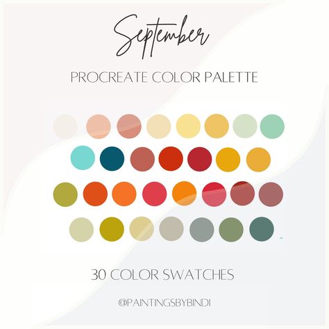 September Procreate Color Palette 30 Color Swatches Instant download This fall procreate color palette features colors in warm autumn tones. You can use this pallet in procreate, canva, and other applications. Also great for hand lettering. After purchase your file will be ready for download and you can import it into procreate to use for your illustration/drawing needs. * September Procreate Color Palette * 30 color swatches * three files included: 1 .swatches file, 1 jpg file, and 1 instructio September Color Palette, Thanksgiving Color Palette, Illustration Tools, Ipad Illustration, September Colors, Procreate Watercolor, Procreate Color Palette, Wedding Color Pallet, Autumn Tones