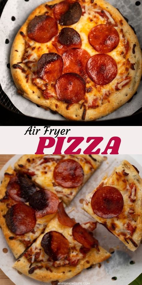 For your next pizza night you have to try this easy air fryer pizza recipe! Ready to serve in 10 minutes, these personal pizzas are super delicious and easy to customize with our favorite toppings. #airfryerpizza #airfryerrecipe Air Fried Pizza, Air Fryer Pizzas, Air Fryer Deep Dish Pizza, Homemade Personal Pizza, Homemade Pizza In Air Fryer, Air Fryer Pizza Recipe, Airfryer Pizza Recipes, Pizza Air Fryer Recipes, Easy Air Fryer Pizza