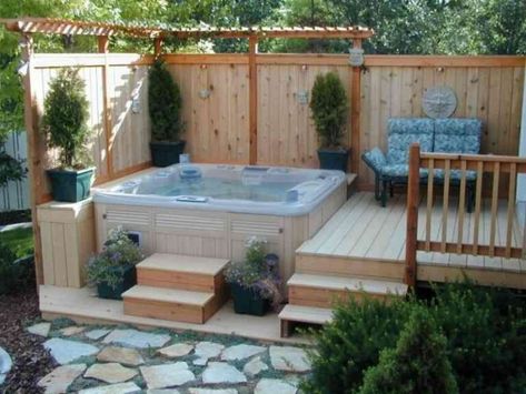 outdoor spa landscaping ideas Deck With Hot Tub Built In, Hot Tub Off Deck, Deck With Hot Tub Ideas, Whirlpool Deck, Hot Tub Deck Design, Hot Tub Privacy, Small Hot Tub, Bedroom Deck, Deck Wood