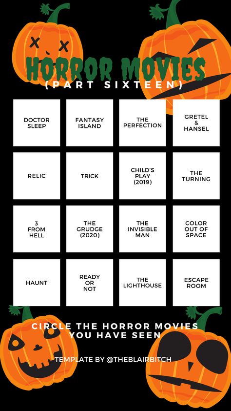 Scary Movie Marathon, Halloween Movie Challenge, Movie Bingo, Horror Movie Challenge List, In A Horror Movie Template, Horror Films List, Horror Movie Bingo, Halloween Templates Instagram, Bingo Movie