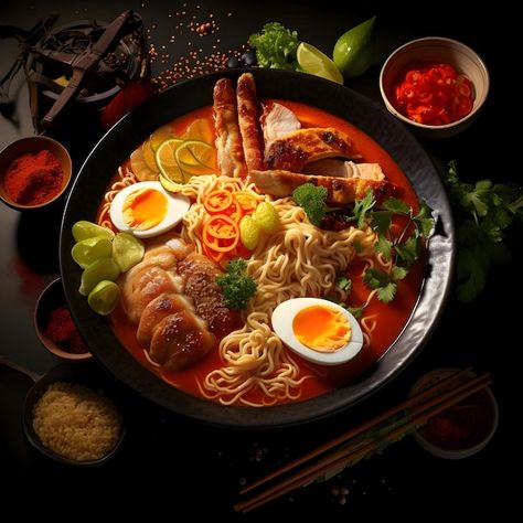 Photo professional photography image of ... | Premium Photo #Freepik #photo Premium Food Photography, Hiyashi Chuka, Soup Japanese, Ramen Miso, Shio Ramen, Curry Ramen, Ramen Japanese, Shoyu Ramen, Miso Ramen