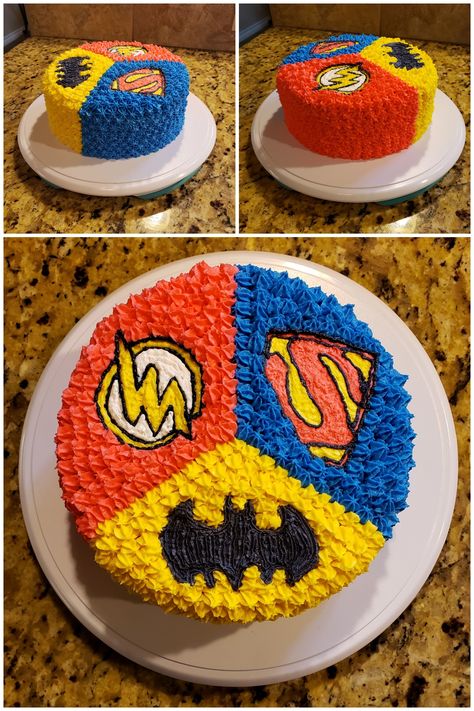 Justice League - Batman, Superman, The Flash. Wilton Gel Food Dye Justice League Birthday Cake, Justice League Cake, Justice League Birthday Party, Justice League Party, Superhero Birthday Party Ideas, Superman Cake, Superman Cakes, Homemade Buttercream, House Night