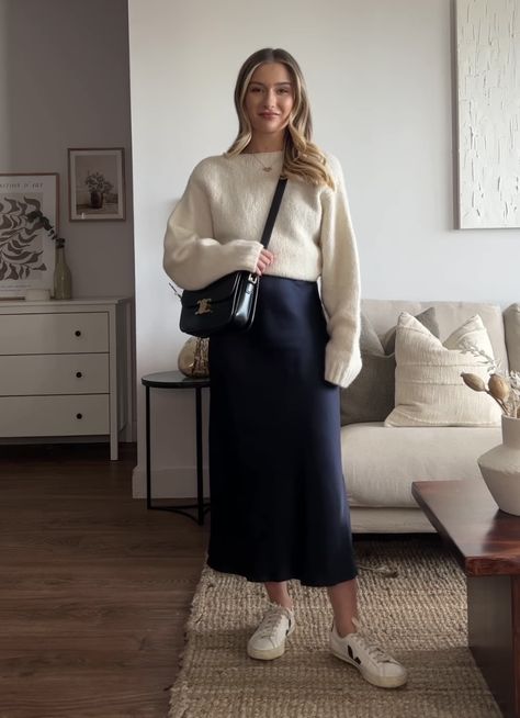 Slip Skirt Fall Outfit, Sweater And Satin Skirt, Pleated Maxi Skirt Outfit Winter, Silk Skirt With Sneakers, Winter Satin Skirt Outfit, Casual Silk Skirt Outfit, Satin Skirt With Sweater, Black Satin Skirt Outfit Winter, Slip Skirt Outfit Fall