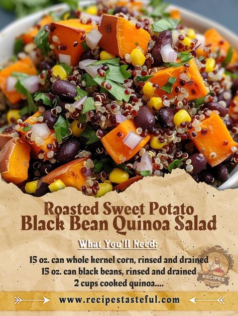 Roasted Sweet Potato Black Bean Quinoa... - Tasteful Recipes Roasted Sweet Potato Black Bean Quinoa, Roasted Sweet Potato Black Bean Quinoa Salad, Black Bean Quinoa Salad, Salad Dressing Recipes Vinaigrette, Bean Quinoa Salad, Tasteful Recipes, Black Bean Salad Recipe, Sweet Potato Recipes Roasted, Bean Quinoa