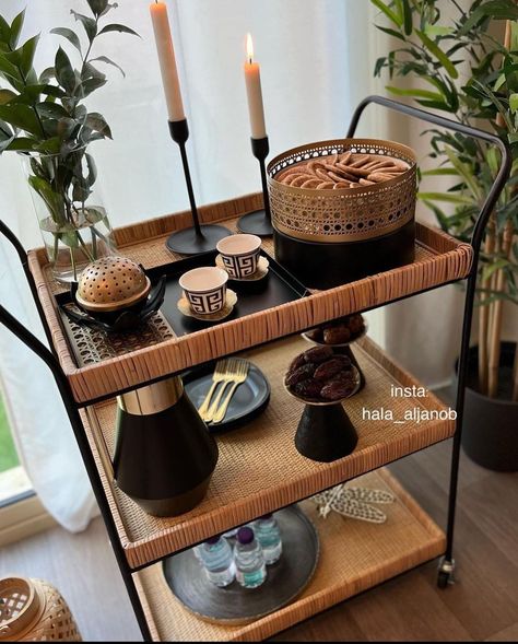 Tea Trolley Decor Ideas, Serving Plates Ideas, Dawat Ideas, Lindsay Weir, Food Display Table, Tea Trolley, Cookout Food, Office Room Decor, Romantic Home Decor