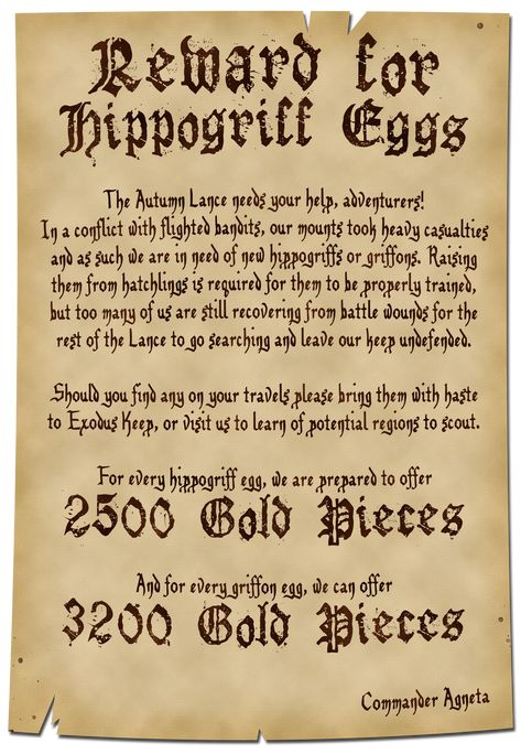 A parchment declares a reward for 2500 gold pieces for every hippogriff egg brought to them, and 3200 gold pieces for every griffin egg brought to them - The quest is from a group called the Autumn Lance who lost several of their mounts in a recent skirmish with flighted bandits, and are unable to search for more tamable winged creatures due to their reduced numbers. They can be visited at Exodus keep to learn of potential regions to scout. Dnd Quests, Mythical Landscapes, Dnd Beasts, Dnd City, Quest Ideas, Game Hooks, Quest Board, Dm Ideas, Dnd Crafts