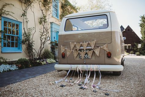 VW Camper Van Transport Just Married Decor Barn Wedding Ideas Thyme Lane Photography Vw Camper Wedding, Wedding Campervan, Vw Bus Wedding, Married Decor, Rustic Cakes, Vw Wedding, Winter Barn Weddings, Barn Wedding Ideas, Wedding Vans