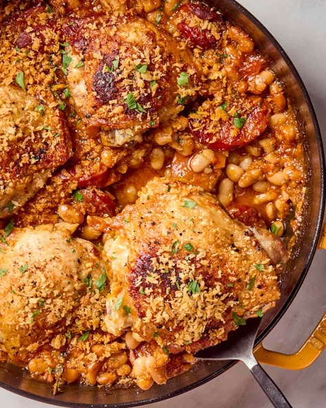 overhead shot of cassoulet in a braiser, topped with herbs Stew Chicken Thigh Recipes, Braiser Pan Recipes, Easy Cassoulet Recipe, Cassoulet Recipe, French Chicken, Dishes Ideas, Main Dish Casseroles, Salmon Potato, Turkey Ham