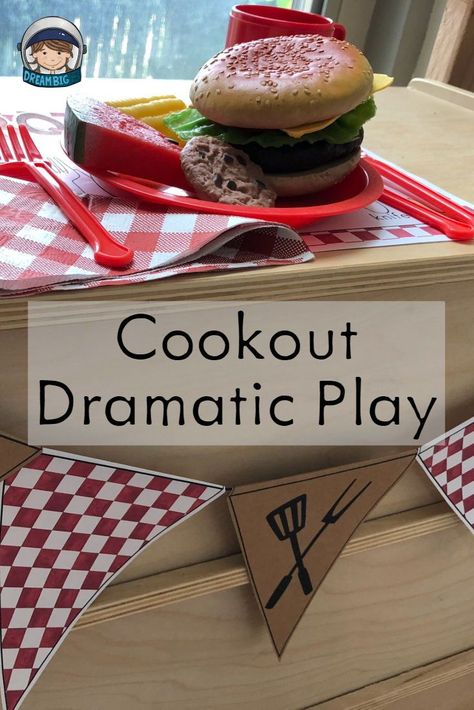 Here is a preschool or kindergarten barbecue themed dramatic play center.  There are teacher ideas to set up, how to contribute, how to get the students involved in setting up, and more. Great to add to your summer themed resources for pre-k or kinder lesson plans. Bbq Dramatic Play Preschool, Letter G Activity, Dramatic Play Toddlers, Dramatic Play Centers Preschool, Montessori Classroom Layout, Bbq Crafts, Alphabet G, Play Preschool, Dramatic Play Themes