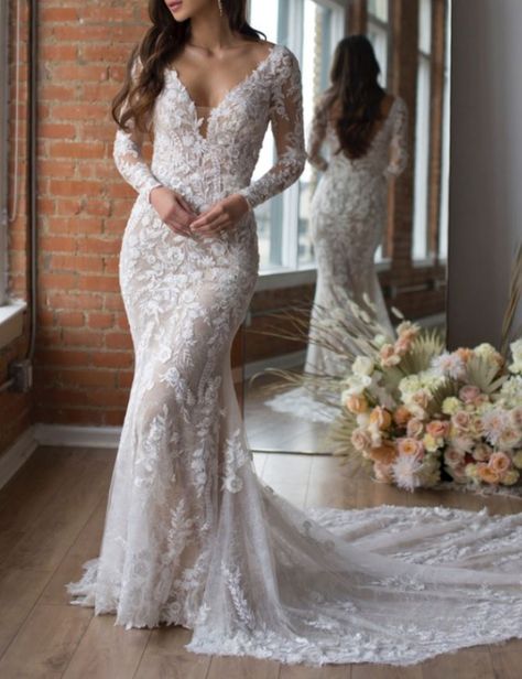 Boho Fitted Wedding Dress Long Sleeve, Sheath Wedding Gown With Sleeves, Lace Long Sleeved Wedding Dress, Long Sleeved Fitted Wedding Dress, Sheath Long Sleeve Wedding Dress, Long Sleeve Wedding Dress With Train, Long Sleeve Long Train Wedding Dress, Long Sleeve Romantic Wedding Dress, Lace Fitted Wedding Dress With Sleeves