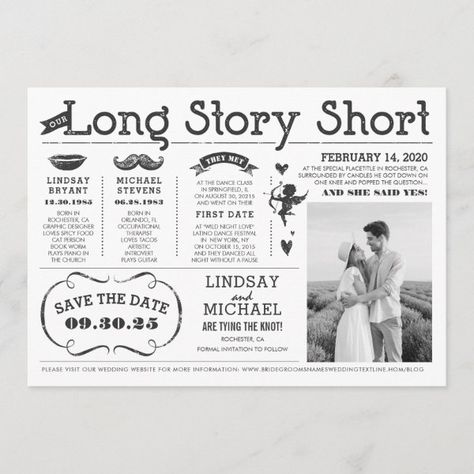 Our Story Wedding Website Examples, Fun Save The Date Ideas, Story Timeline, Funny Save The Dates, Storybook Wedding, Date Photo, Timeline Infographic, Save The Date Photos, Photo Wedding Invitations