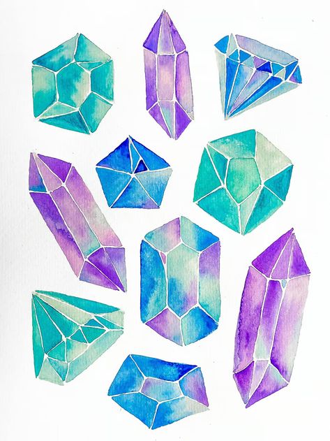 Crystals Art Drawing, Watercolor Gem, Crystals Watercolors, Crystal Illustration, Gems And Crystals, Gem Drawing, Crystal Drawing, Paint Watercolor, Gemstone Art