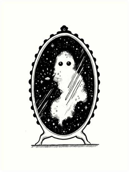 Hand-drawn, dotted and pen illustrated galaxy-themed fantasy drawing of a ghost looking through a mirror reflection for the yearly #inktober challenge. • Millions of unique designs by independent artists. Find your thing. Ghost In A Mirror Drawing, Standing In Front Of Mirror Drawing, Ghost Mirror, Reflection Tattoo, Mirror Drawing, Locket Tattoos, Mirror Tattoos, Inktober Challenge, Mirror Drawings