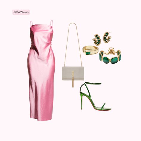 Green Dress And Pink Shoes, Pink Dress Green Shoes, Barbie Pink And Green Outfit, Pink Green Slip Dress, Pink Slip Dress For Summer Brunch, Pink Accessories Outfit, Spring Green Halter Neck Slip Dress, Pink And Green Outfit, Green And Pink Outfit