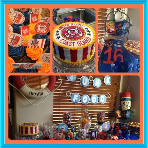 Decoration ideas for coast guard party Coast Guard Party, Orange And Blue Decor, 30th Birthday Party Food, Boys 16th Birthday, Cupcake Pics, Military Retirement Parties, Unicorn Party Food, Boy 16th Birthday, Cocktail Party Themes