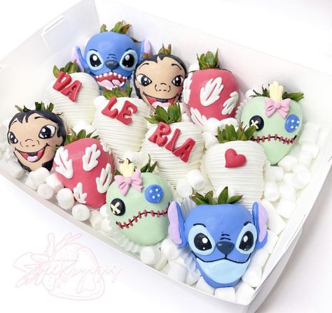 Lilo Stitch Strawberries, Lilo And Stitch Chocolate Covered Treats, Lilo And Stitch Pretzel Rods, Stitch Strawberry Chocolate, Lilo And Stitch Chocolate Covered Strawberries, Stitch Treat Ideas, Lilo And Stitch Cupcake Cake, Bluey Theme Chocolate Covered Strawberries, Lilo And Stitch Strawberries