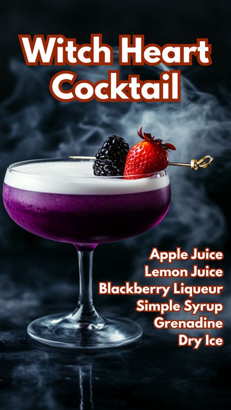 Witch Heart Cocktail Gothic Cocktails, Blackberry Cocktails, Dry Ice Cocktails, Ice Cocktails, Blackberry Cocktail, Cocktail Cards, Heart Cocktail, Witch Heart, Refreshing Drinks Recipes