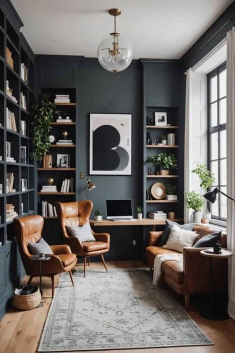 Black And Cognac Office, Cozy Work Office Ideas, Home Office With Lounge Chair, Home Office Space Design Cozy, Office With Black Walls, Charcoal Office Walls, Cozy Reading Room Aesthetic, Cozy Minimalist Home Office, Cozy Modern Office