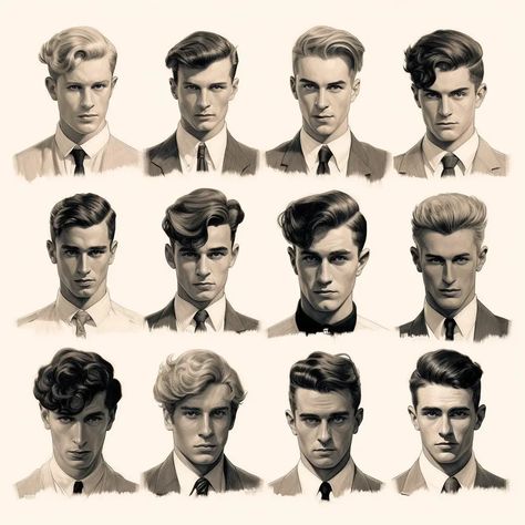 Victorian Mens Hairstyles, 20s Male Hairstyles, 1920s Male Hairstyles, Hairstyles For Men Drawing Reference, 1800s Men Hairstyles, 1950s Male Hairstyles, 1920s Men’s Hair, 1950 Mens Hair, Old Hollywood Mens Hair