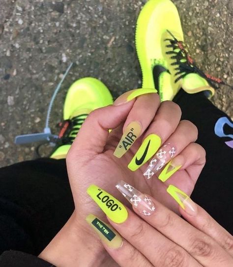 Shared by tonnia kyerra. Find images and videos about nails on We Heart It - the app to get lost in what you love. Sneaker Nails, Nike Nails, Edgy Nails, Glow Nails, Long Acrylic Nails Coffin, Nail Swag, Acrylic Nails Coffin Short, Colorful Nail Designs, Summer Acrylic Nails