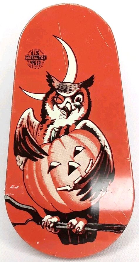 Halloween Noisemaker Owl Jack O Lantern Moon Orange & Black US Metal Toy MFG Owl Jack O Lantern, Vintage Jack O Lantern, Moon Orange, Noise Maker, 2nd Chance, Noise Makers, Metal Toys, Ferrari Logo, Jack O