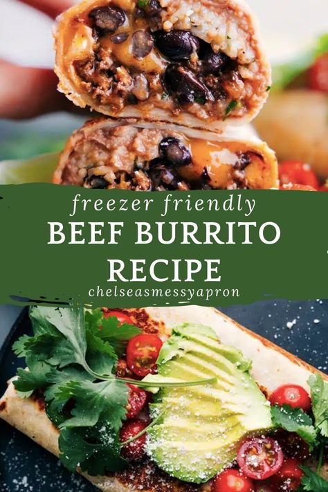 This Beef Burrito Recipe combines seasoned ground beef, cilantro-lime rice, refried beans, and Cheddar cheese in customizable, delicious wraps. Easy to make, they’re ready in 30 minutes and freezer-friendly for quick, convenient meals. Freezer Burritos Beef And Bean, Creamy Refried Beans, Burritos Beef, Delicious Wraps, Beef Burrito Recipe, Beef Burritos, Beef Burrito, Wraps Easy, Chelsea's Messy Apron