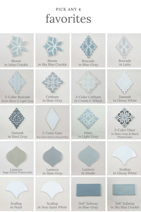 Favorites Sample Pack - Julep Tile Company #tile #handmade #tile Diy Kitchen Renovation, Blue Tile, Tile Companies, White Damask, Tile Designs, Classic Kitchens, Handmade Tiles, Bathroom Tile, Tile Samples