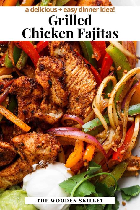 Grilled Chicken Fajitas - Learn how to make the BEST recipe for Grilled Chicken Fajitas! The perfect dinner idea for any summer night! #grilledchickenfajitas #grilledchickenfajitasmarinade #grilledchickenfajitasrecipe #grilledchickenfajitasongrill Best Chicken Fajitas, Recipe For Grilled Chicken, Fajita Ingredients, Avocado Cream Sauce, Grilled Chicken Fajitas, Healthy Chicken Tortilla Soup, Wooden Skillet, Fajita Marinade, Homemade Fajita Seasoning