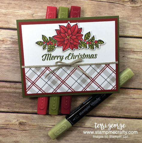 Peaceful Poinsettia meets Festive Farmhouse!  It's so easy to create beautiful cards using the Stampin' Blends alcohol markers and add the Festive Farmhouse Designer Paper and you've got a simply beautiful holiday card. Details and FREE PDF Step-by-Step directions on my blog. Peaceful Poinsettia Stampin Up Cards, Poinsettia Christmas Cards, Plaid Cards, Creative Christmas Cards, Christmas Card Tutorials, Christmas Cards 2018, Stampin Blends, Poinsettia Cards, Stamped Christmas Cards