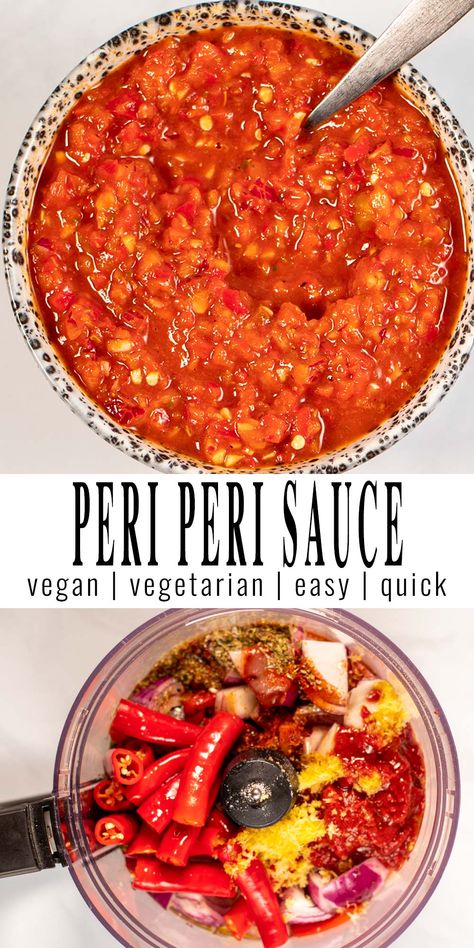 Peri Peri Sauce is made with chills, roasted paprika, garlic and lots and lots of flavors. It is a condiment for when you want flavor in no time. Always tastes delicious, is so easy to make and you will be surprised how many flavors it adds to almost everything that you prepare. #vegan #dairyfree #vegetarian #contentednesscooking #dinner #lunch #periperisauce Recipes With Peri Peri Sauce, Peri Peri Tofu, Homemade Peri Peri Sauce, Trader Joe’s Peri Peri Sauce, Peri Peri Sauce, Clean Eating Vegan, Food Infographic, Chili Recipe Easy, Dairy Free Diet