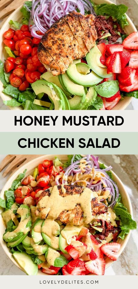 Honey Mustard Chicken Salad is refreshing, sweet and savory all at the same time. Summer salad with chicken breasts, strawberries, avocado and a homemade honey mustard dressing. Using leftover chicken makes this salad incredibly quick and easy. Cold Corn Salad, Homemade Honey Mustard Dressing, Using Leftover Chicken, Honey Mustard Chicken Salad, Mustard Chicken Salad, Honey Mustard Salad, Fried Chicken Salads, Strawberry Avocado Salad, Homemade Honey Mustard