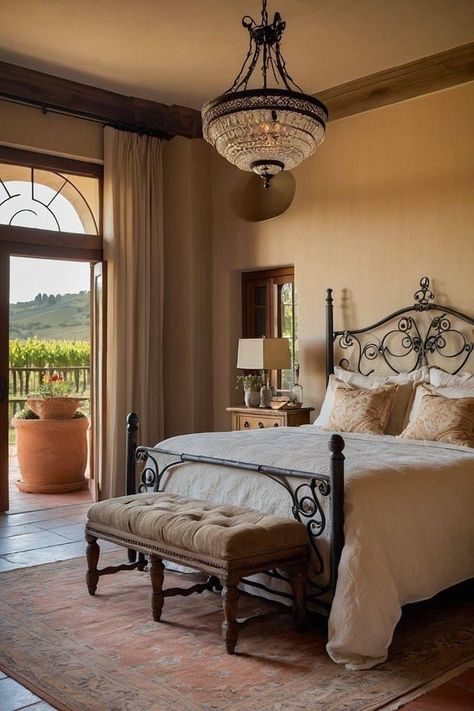 Hacienda Style Bedroom Master Suite, Hacienda Bedroom Mexican Style, Modern Tuscan Bedroom, Italian Bedroom Tuscan Style, Spanish Style Bedroom Master Suite, Modern Spanish Bedroom, Tuscan Bedroom Ideas, Tuscan Farmhouse Decor, Italian Villa Bedroom