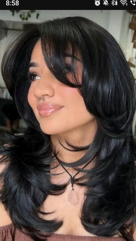 Curtain Bangs With Dyed Hair, Black Hair Layers Medium With Bangs, Hair Cut With Layers And Curtain Bangs, Nice Bangs Haircut, Curtain Bangs With Black Hair, Medium Length Hair With Layers With Curtain Bangs, Brazilian Blowout With Curtain Bangs, Layered Hair Medium With Wispy Bangs, Black Hair With Curtain Bangs And Layers