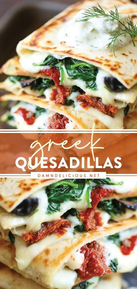 GREEK QUESADILLAS Yogurt Tzatziki Sauce, Greek Yogurt Tzatziki, Greek Quesadillas, Cheesy Quesadilla, Homemade Greek Yogurt, Mediterranean Diet Recipes Dinners, Easy Mediterranean Diet Recipes, Quesadilla Recipes, Tzatziki Sauce