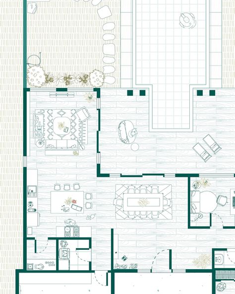 Contemporary Living: house floor plan layout🍃🦋 Sketchup + Illustrator Vector illustrations by @sol_ms and @postdigitalarchitecture • • • #homedesign #design #architecture #illustrarch #archilover #archidesign #archdaily #interior #exterior #digitalvisualisation #illustration #designer #render #sketchup #illustrator #procreate #photoshop #floorplan #layout Plan Layout, Archi Design, Illustrator Vector, Floor Plan Layout, Arch Daily, House Floor, Vector Illustrations, Contemporary Living, House Floor Plans