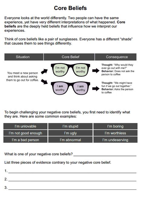 Core Beliefs Worksheet, Group Therapy Activities, Cbt Worksheets, Counseling Worksheets, Cbt Therapy, Self Esteem Worksheets, Self Esteem Activities, Clinical Social Work, Building Self Esteem