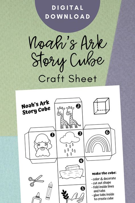 This Noah's Ark Story Cube craft sheet is the perfect addition to your Sunday School lesson or classroom time! This fun printable can be colored, cut, and glued to make a Noah's Ark Story Cube. Everyone will have so much fun putting this cube together and taking it home to remember and retell the story of Noah's Ark from Genesis! #sundayschool #vbs #christiancraft #digitaldownload #craftsheet #printable #genesis #Noahsark #biblestory Noah Builds The Ark Craft, Noah Ark Craft, Noah’s Ark Prek Craft, Noah’s Ark Craft Preschool Free, Noah's Ark Games For Kids, Noah's Ark Craft, Noah's Ark Story, Cube Craft, Noah’s Ark Vacation Bible School