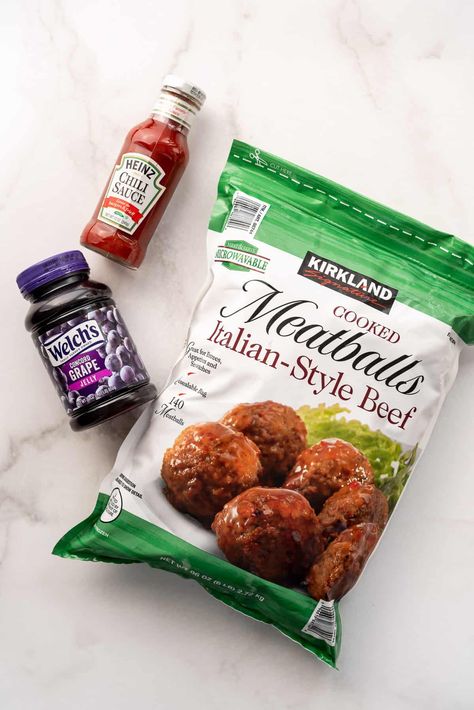 Grape Chili Meatballs, Meatballs With Grape Jelly Stovetop, Grape Jelly Meatballs In Oven, Costco Meatballs Recipes, 3 Ingredient Meatballs, Grape Jelly Chili Sauce, Chili Sauce Meatballs, Meatballs With Grape Jelly, Pescatarian Dishes