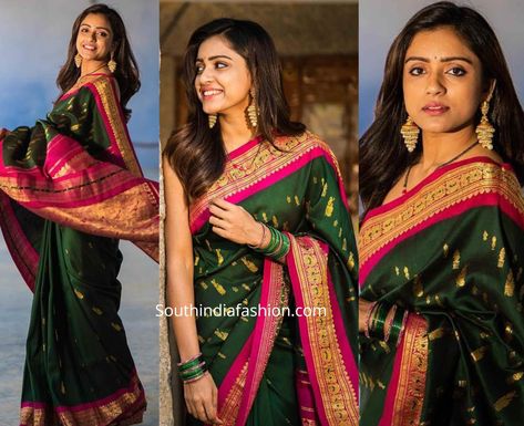 Vithika Sheru celebrated Bhogi wearing a green banarasi silk saree that featured gold zari bhutis all over and, pink and gold border. She styled her look with gold jhumkas by MS Pink Panther, matching bangles and neutral makeup! Vithika Sheru, Maharashtrian Saree, Engagement Saree, Bollywood Designer Sarees, Pattu Saree Blouse Designs, Saree Jewellery, Wedding Saree Blouse Designs, Saree Blouse Patterns, Indian Fashion Saree